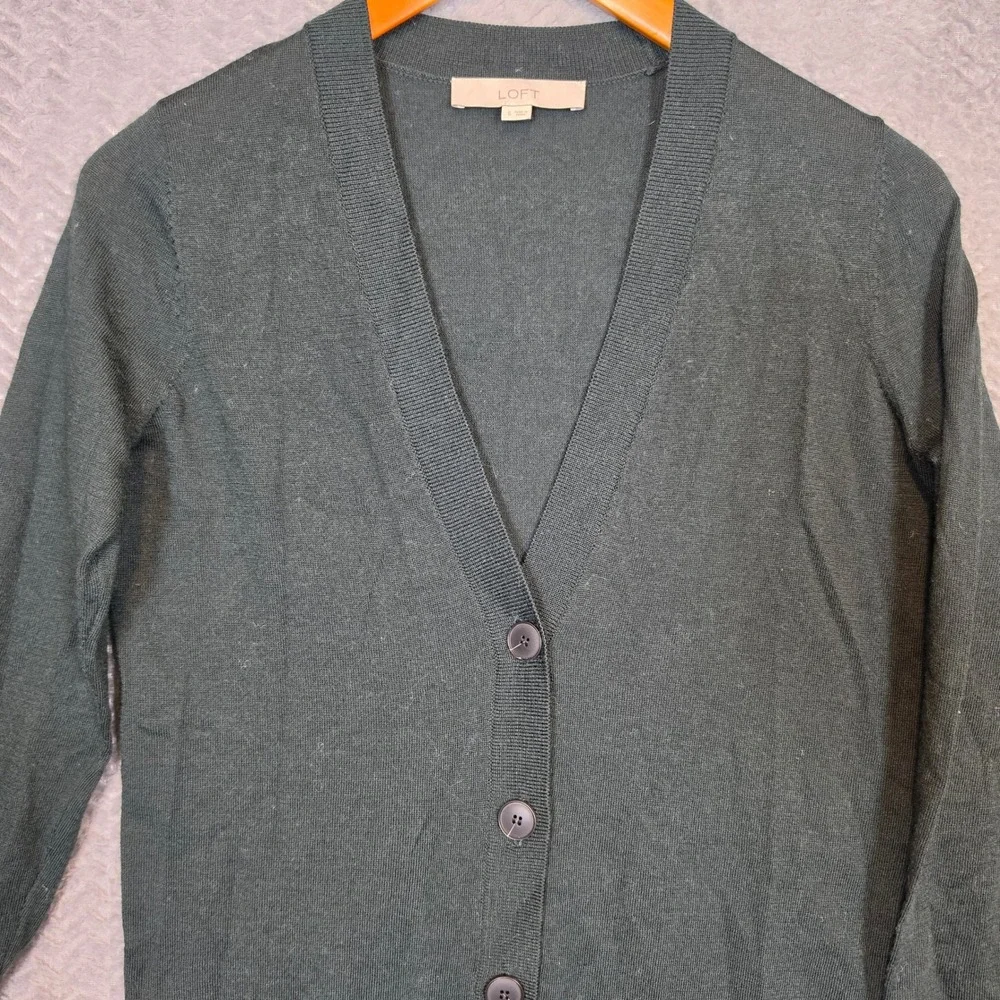 LOFT Womens Forest Green Wool Blend V-Neck Button Front Cardigan Sweater Small